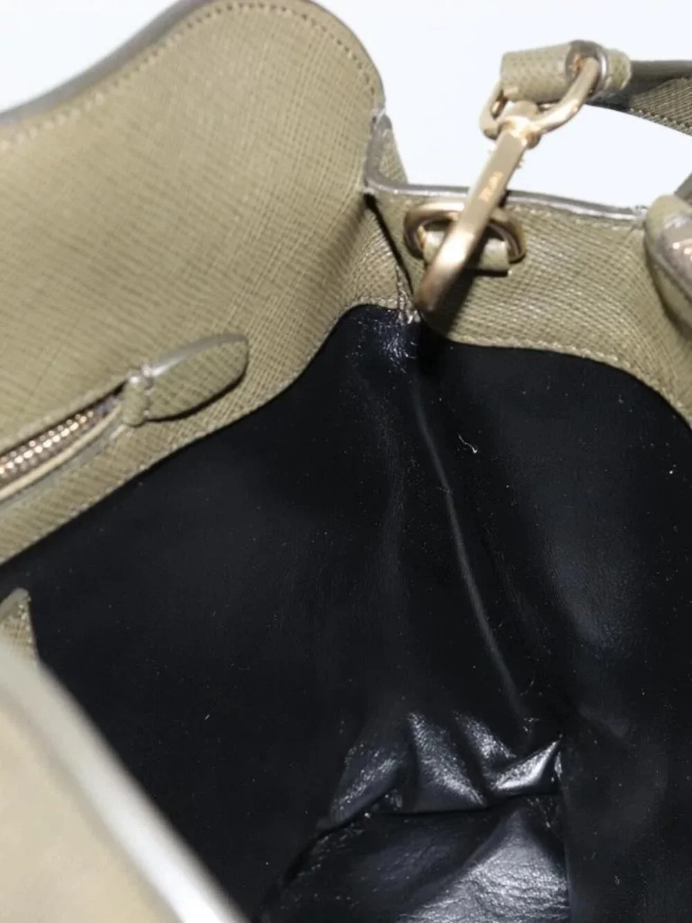 PRADA Cuir Open Promenade Satchel Bag Saffiano 2way Khaki Gold Auth